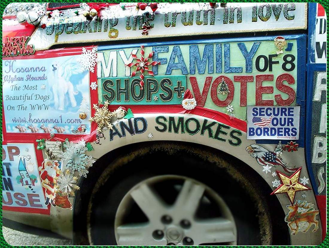 photograph of liberty van, rear passenger side, Christmas decorations