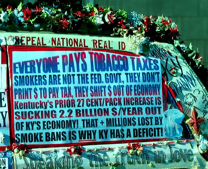 smokers rights van photograph CLOSE UP of everyone pays tobacco taxes sign