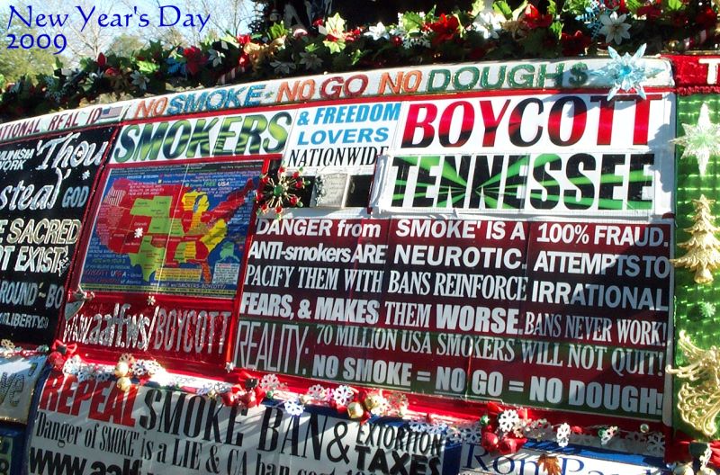 passenger side photo close up of sign Anti-smokers are neurotic.  Attempting to pacify them with bans reinforces irrational fears and  makes them worse.  Bans don't work.  Reality - 70 million people will NOT quit smoking.  NO SMOKE, NO GO, NO DOUGH