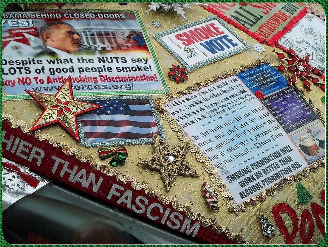 photo close up Christmas decorations on Liberty Van/smokers rights van, hood, passenger side