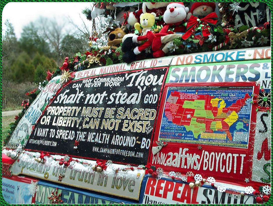 upper rear passanger side Christmas parade decorations Liberty Van smokers rights van