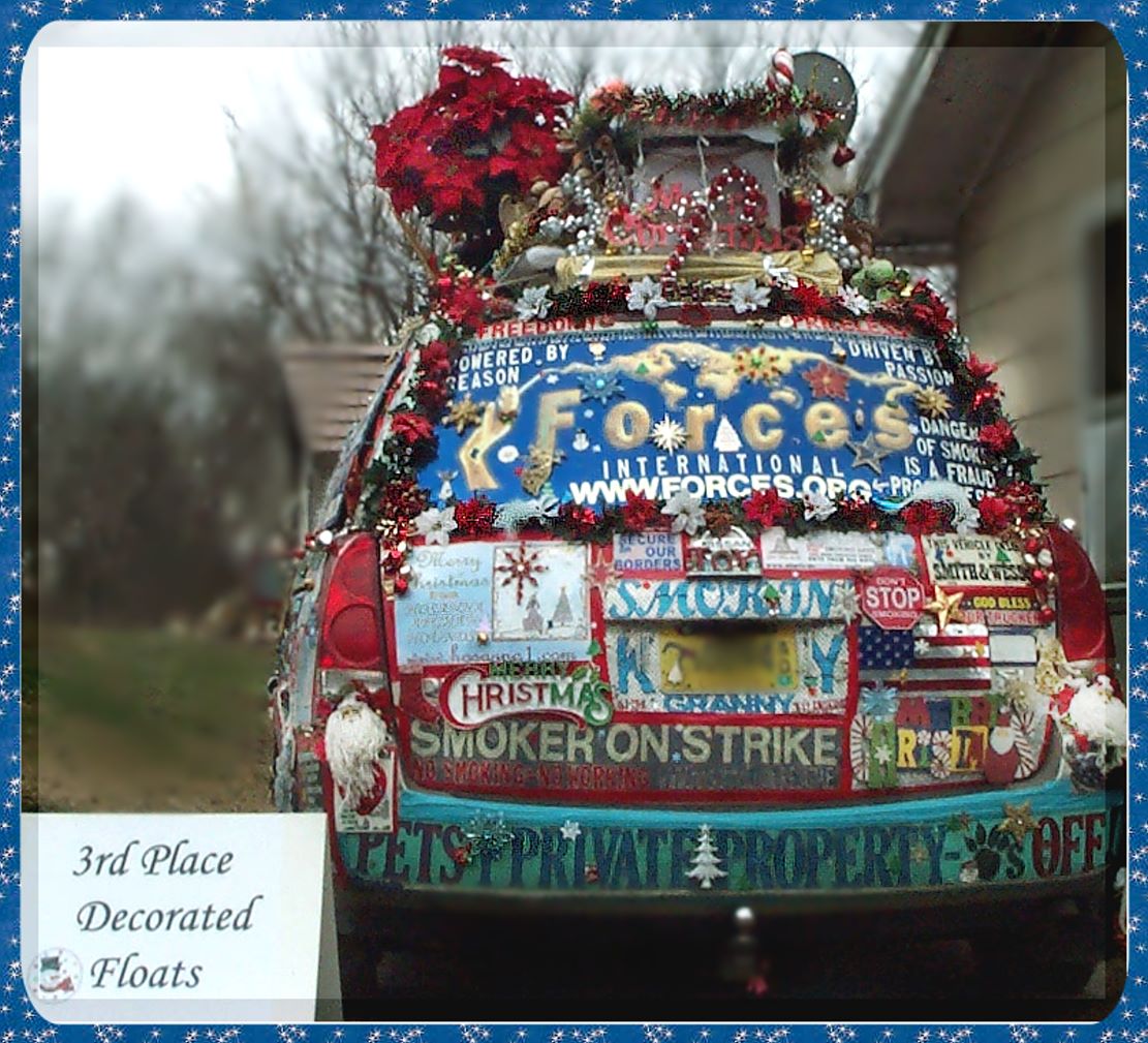 photograph of Liberty Van - rear Christmas Decorations, Forces International logo