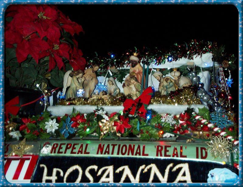 Nativity scene Christmas Holy Family close up front photo of Liberty Van Christmas parade decorations