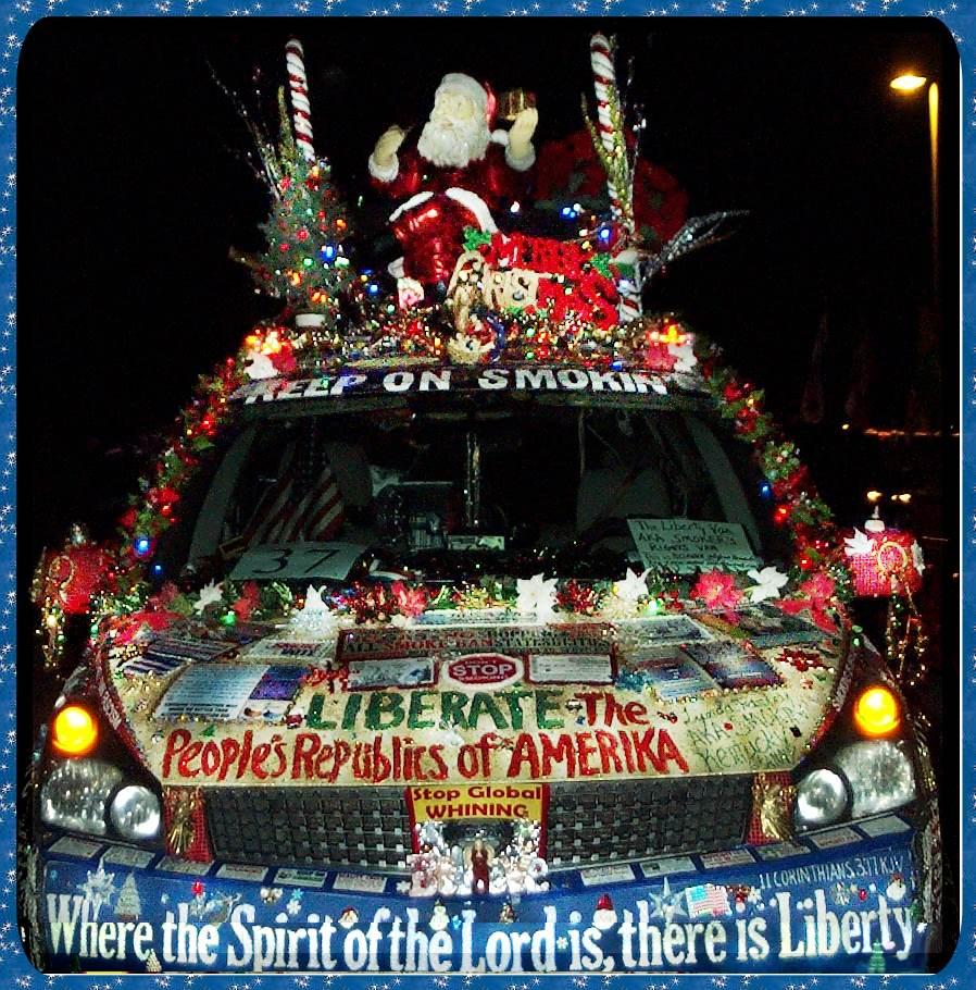 front view night photograph of of Liberty Van -smokersrights van, at Cave City, Kentucky Christmas Parade